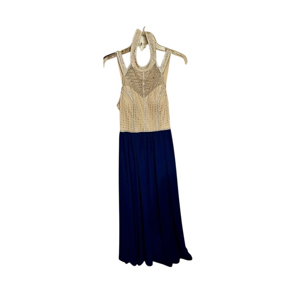 Say Yes To The Prom Dress Size 3 Blue Tan Stones Halter Sheer Satin Zip Maxi